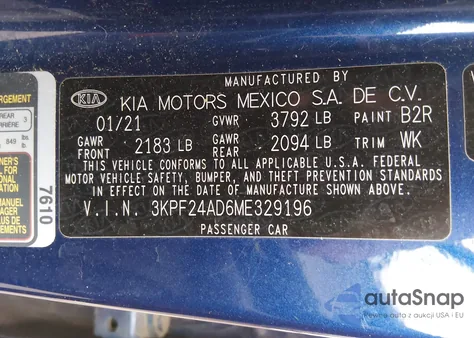 2021 Kia Forte Lxs из США, поврежденный, VIN 3KPF24AD6ME329196